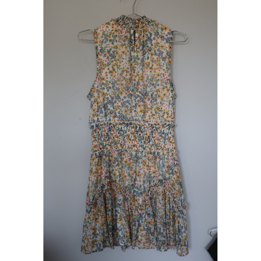 1.STATE Womens Smocked High Neck Floral Ruffle Tiered Mini Dress Yellow Blue L - Picture 6 of 7